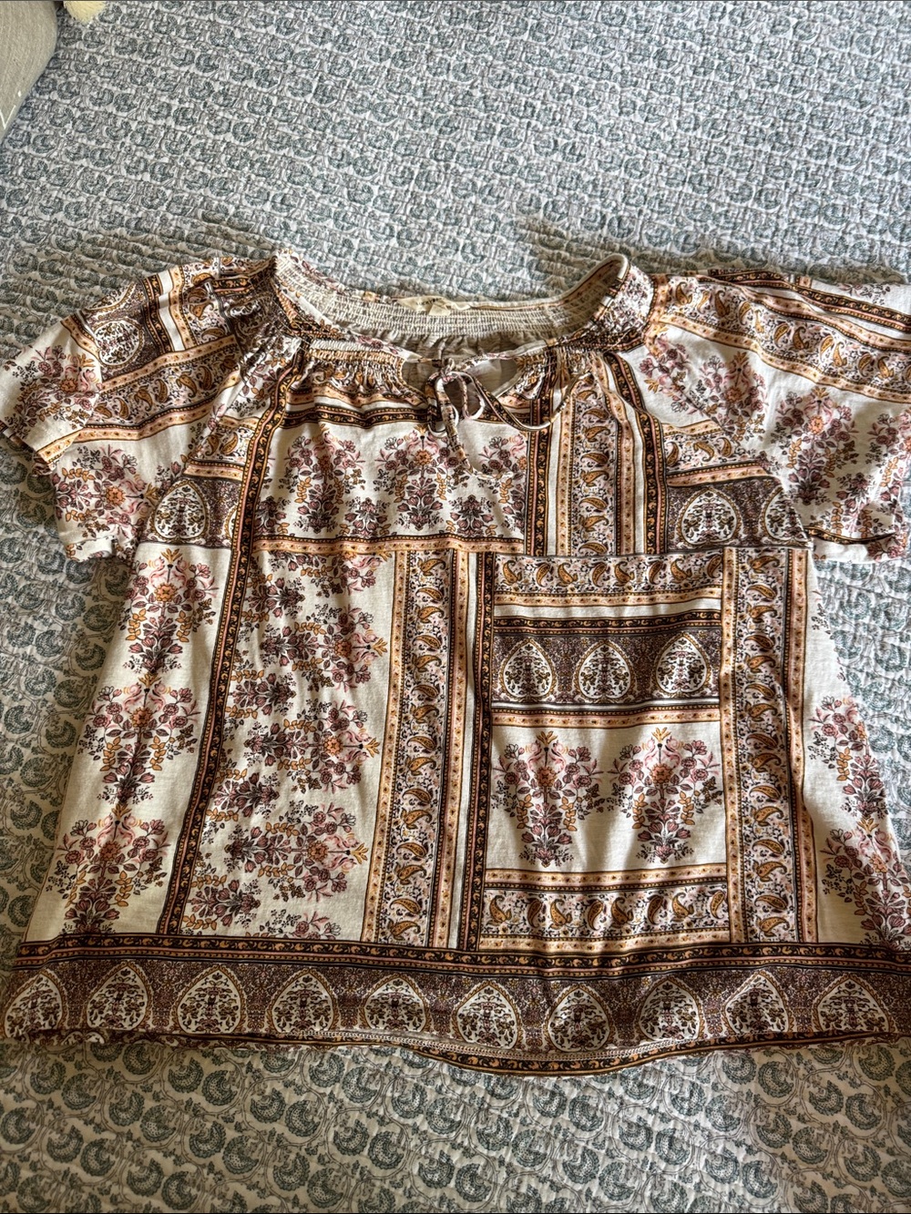 Lucky Brand Cream and Brown Floral Patchwork Peasant Top